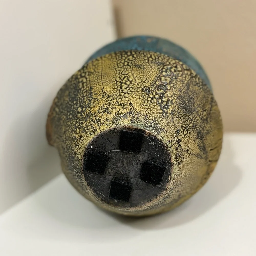 Rustic Blue Crackle Glaze Pottery Basket Planter w Handle